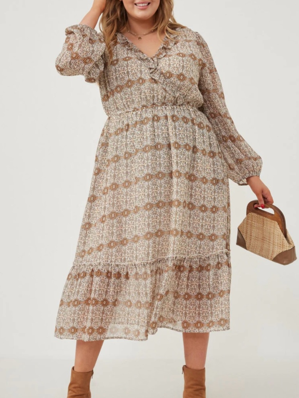 Hayden Boho Tiered Midi Dress in Cream and Brown